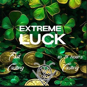 Könnte beinhalten: Digitales Kunstwerk mit grünem Hintergrund, das vierblättrige Kleeblätter, Goldmünzen und den weißen Text "EXTREME LUCK" zeigt. Zusätzlicher Text lautet "Fast Casting" und "in 24 hours". Unten befindet sich ein stilisiertes Emblem.