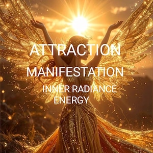 May include: An illustration of a woman with golden wings and a flowing gown, set against a bright, sunlit background. The image features the words "ATTRACTION," "MANIFESTATION," "INNER RADIANCE," and "ENERGY."