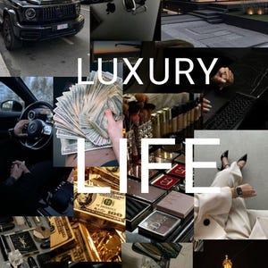 May include: A collage featuring a black SUV, a modern house, stacks of US dollar bills, a luxury car steering wheel, high-end cosmetics, a gold bar, and the Eiffel Tower at night, with the white text LUXURY LIFE overlaid in the center.