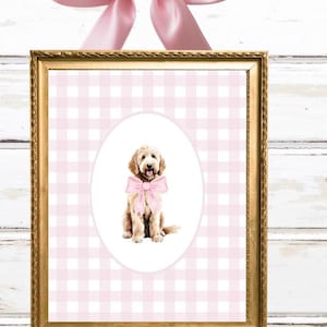 Impression de chambre d'enfant Vichy Goldendoodle noeud rose, aquarelle chien chiot bébé fille chambre d'enfant, décoration tendance toile grand-millénaire antique preppy