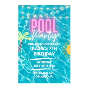Bewerkbare verjaardagsuitnodiging Pool Party, Tropical Groovy Summer Party Bash Poolside Party Invite-sjabloon, afdrukbare digitale download
