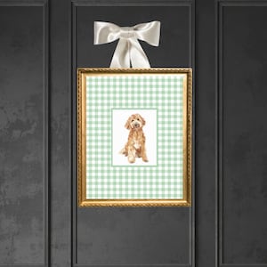 Goldendoodle green gingham Wall Art, Digital Print Trendy dog theme nursery Decor grandmillenial toile preppy antique labradoodle
