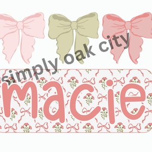 Nome personalizzato per ragazze con fiocco rosa floreale in stile preppy, design per maglietta per bambini in formato PNG, civetta con targhetta con nome, design a sublimazione