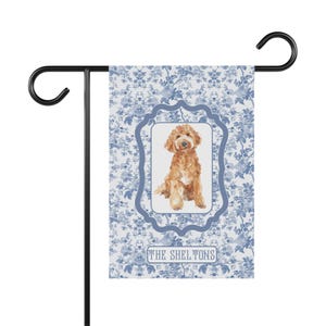 custom last name goldendoodle blue toile Chinoiserie Garden Banner, personalized spring Grandmillennial Spring dog garden flags