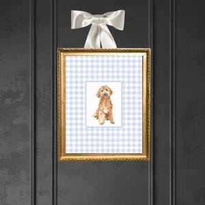 Goldendoodle blau karierte Kunst, Digitaldruck Trendige Hund Thema Kinderzimmer Dekor Grandmillenial Toile Preppy Antique Labradoodle