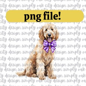 Acquerello Golden Doodle png Labradoodle Cane con fiocco viola PNG Clipart Cancelleria Grandmillennial Coquette Preppy Cucciolo Ragazzo