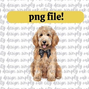 Acuarela Golden Doodle PNG Perro Labradoodle con Lazo Negro PNG Clipart Papelería Grandmillennial Coquette Preppy Puppy Boy