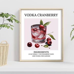 digital Vodka Cranberry Art Print, recipe ingredients Bar Cart Decor Cocktail Poster, Wedding Signature Drink Minimalist Sophisticated