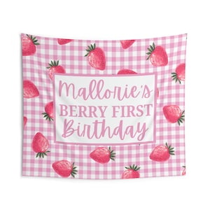 Berry First Birthday banner, gingham pink strawberry Happy Birthday Party Backdrop, First Birthday for Balloon Arch Personalized Chiara Wall