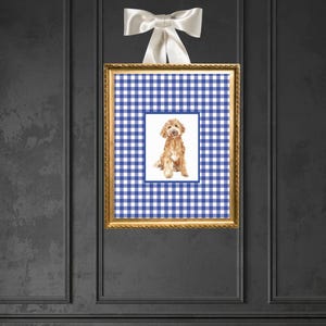 Goldendoodle navy blue gingham Wall Art, Digital Print Trendy dog theme nursery Decor grandmillenial toile preppy antique labradoodle