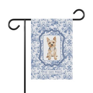 custom last name yorkie dog blue toile Chinoiserie Garden Banner, personalized spring Grandmillennial Spring Garden Flag dog garden flags