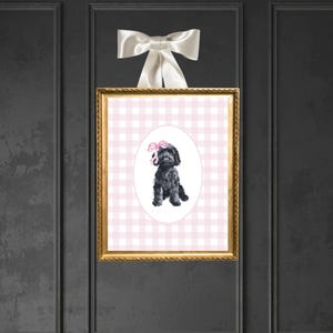 rosa Schleife schwarz labradoodle Gingham Kinderzimmer Druck, Aquarell Hund Welpe Baby Mädchen Kinderzimmer Dekor, Trendy grandmillenial toile adrette antike