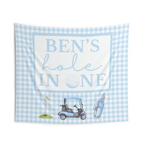 hole in one birthday banner, golf theme first birthday Indoor Wall Tapestries, blue gingham party decor
