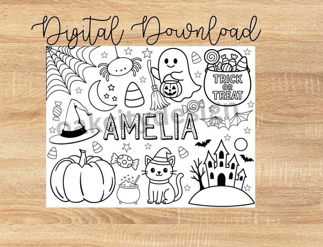 Instant Digital Halloween Coloring Sheet, Personalized Placemat Kids ...