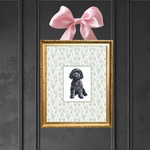 cioccolato nero labradoodle verde toile chinoiserie stampa per la cameretta dei bambini, acquerello cane cucciolo bambino arredamento per la cameretta dei bambini, alla moda grandmillenial preppy