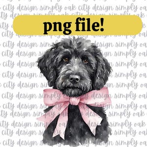 Imagen PNG de sublimación de doodle negro, imagen de acuarela de doodle de laboratorio dorado de niña con lazo rosa, descarga digital de perro, png de perro, doodle dorado png