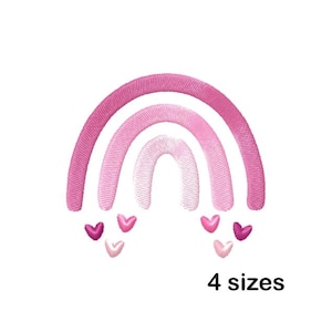 Op de afbeelding: Geborduurd regenboogontwerp in roze tinten, met kleine hartaccenten. De afbeelding heeft een witte achtergrond en de tekst "4 maten" onderaan. Geschikt voor diverse knutselprojecten.