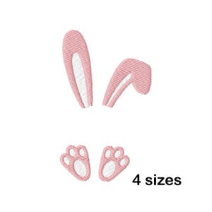 Könnte beinhalten: Stickdatei mit rosa Hasenohren und Pfoten. Das Design ist in vier Größen erhältlich.