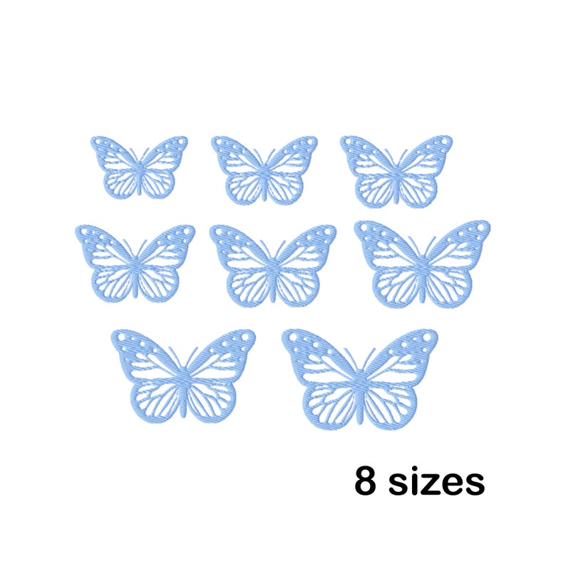 May include: Eight blue butterfly cutouts in various sizes. The butterflies are arranged in a symmetrical pattern.