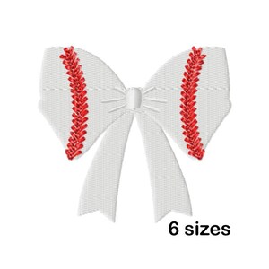 May include: A white bow with red stitching, resembling a baseball. The bow has two loops and two streamers. The text "6 sizes" is at the bottom. This design is suitable for crafting and embellishments.