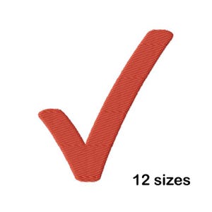 May include: A textured, red tick on a white background. The text "12 sizes" is below the tick. The tick is a symbol of approval or confirmation.