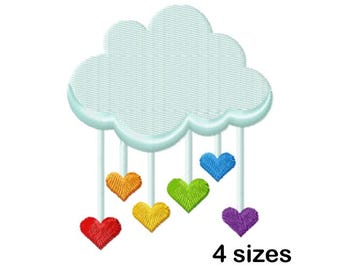 Cloud Machine Embroidery Design, Rainbow Hearts Rain, Instant Download