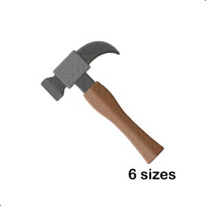 May include: A hammer with a gray head and a brown handle. The hammer has a claw on one side of the head. The text "6 sizes" is below the hammer.