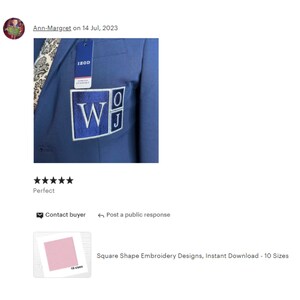 May include: A navy blue blazer with a white and blue embroidered patch displaying the letters "W", "O", and "J". The blazer has an "IZOD" tag. The image is of a square shape embroidery design.
