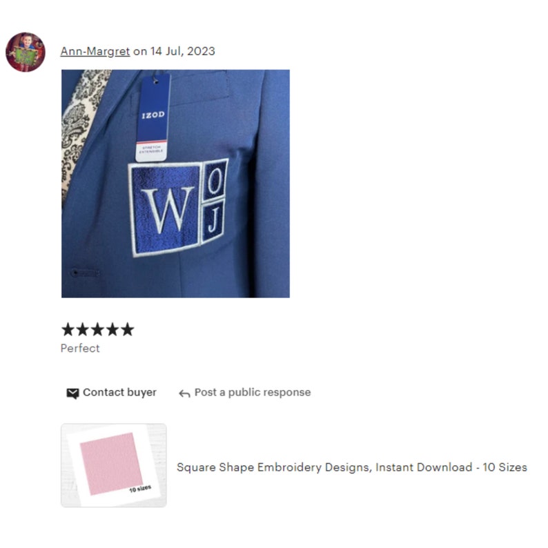 May include: A navy blue blazer with a white and blue embroidered patch displaying the letters "W", "O", and "J". The blazer has an "IZOD" tag. The image is of a square shape embroidery design.
