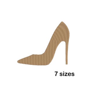 May include: A tan high-heeled shoe silhouette with a pointed toe and a thin heel. The shoe is made of a textured material. The text "7 sizes" is displayed in black font below the shoe.