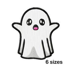 May include: A white ghost-shaped embroidery design with black outlines and details. The ghost has large, oval black eyes and a pink mouth. The text "6 sizes" is below the ghost.