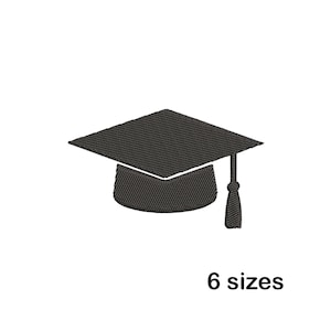May include: A black graduation cap with a square top and a tassel hanging from the side. The text "6 sizes" is below the cap.