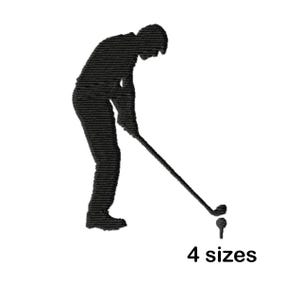May include: Black silhouette of a golfer swinging a club with a golf ball on a tee.