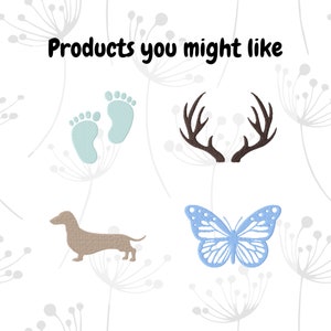 May include: A set of four embroidery designs featuring a pair of baby footprints, a set of antlers, a butterfly, and a dachshund. The designs are in shades of blue, brown, and gray.