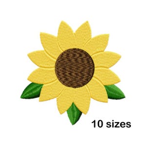 Könnte beinhalten: Eine gelbe Sonnenblume mit brauner Mitte und grünen Blättern. Die Sonnenblume ist gestickt und in 10 Größen erhältlich.