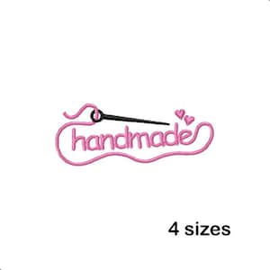 May include: Pink embroidered design with the word "handmade" in cursive, a needle, and two small hearts. The text "4 sizes" is below the design. This image is suitable for craft projects.