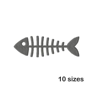 May include: A gray fish skeleton embroidery design. The design is simple and minimalist, with a single fish skeleton in a horizontal position. The design is perfect for adding a touch of whimsy to any project.