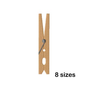 May include: A brown wooden clothespin with a silver metal spring and a silver metal knob. The clothespin is isolated on a white background. 8 sizes.