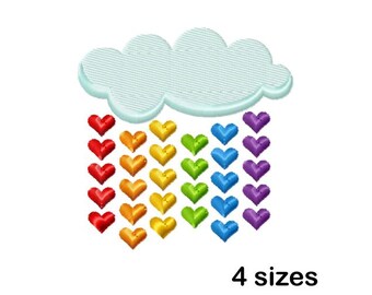 Cloud Machine Embroidery Design, Rainbow Heart Rain Embroidery File, Instant Download