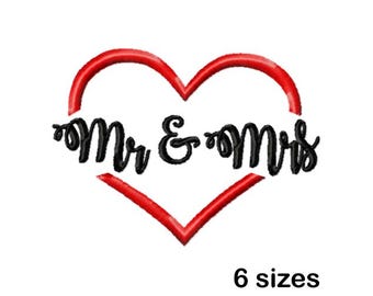 Mr and Mrs Machine Embroidery Design, Heart Frame Script, Instant Download