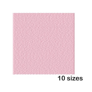 Puede incluir: Un cuadrado de tela rosa claro con un tejido texturizado. La imagen incluye el texto "10 sizes" en negro, lo que indica la disponibilidad de la tela en múltiples tamaños. La tela parece ser de color liso.