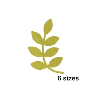 May include: A stylized, olive-green leaf design with six sizes available. The leaves are detailed with a stitched outline, and the stem is a simple line. The design is set against a clean white background.