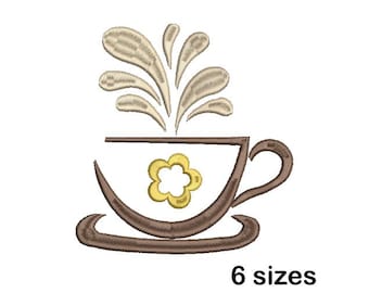 Coffee Cup Machine Embroidery Design, Vintage Floral Teacup Steam Pattern, Digital Download