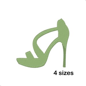 May include: A light green embroidered design of a high-heeled sandal. The sandal has a thin ankle strap and a stiletto heel. The text "4 sizes" is below the sandal.