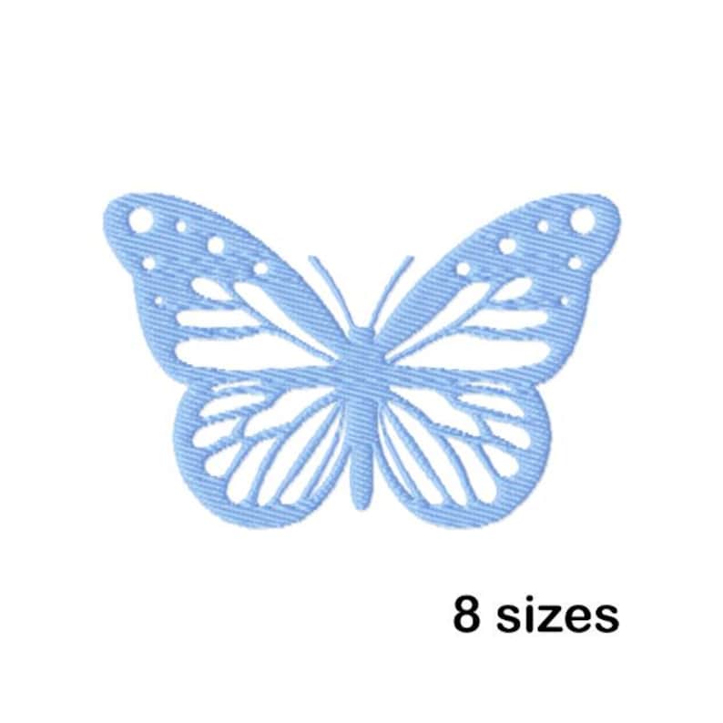 May include: A light blue butterfly embroidery design with a detailed outline and wing patterns. 8 sizes are available.