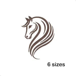 May include: A brown, stylized horse head design on a white background. The horse's mane flows gracefully, and the text "6 sizes" is below the image. This design is suitable for various applications.