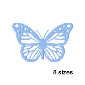 May include: A light blue butterfly embroidery design with a detailed wing pattern. The design is available in 8 sizes.