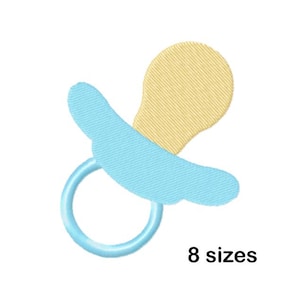 Peut inclure: Broderie d'une sucette pour bébé en bleu clair, jaune et bleu clair. La sucette a une poignée ronde, un bouclier et une tétine. Le texte "8 tailles" est affiché en noir. Idéal pour les créations sur le thème des bébés.