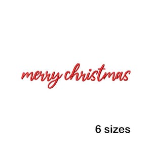 May include: Red cursive text reading "merry christmas" on a white background. Below the text, the words "6 sizes" are written in black.