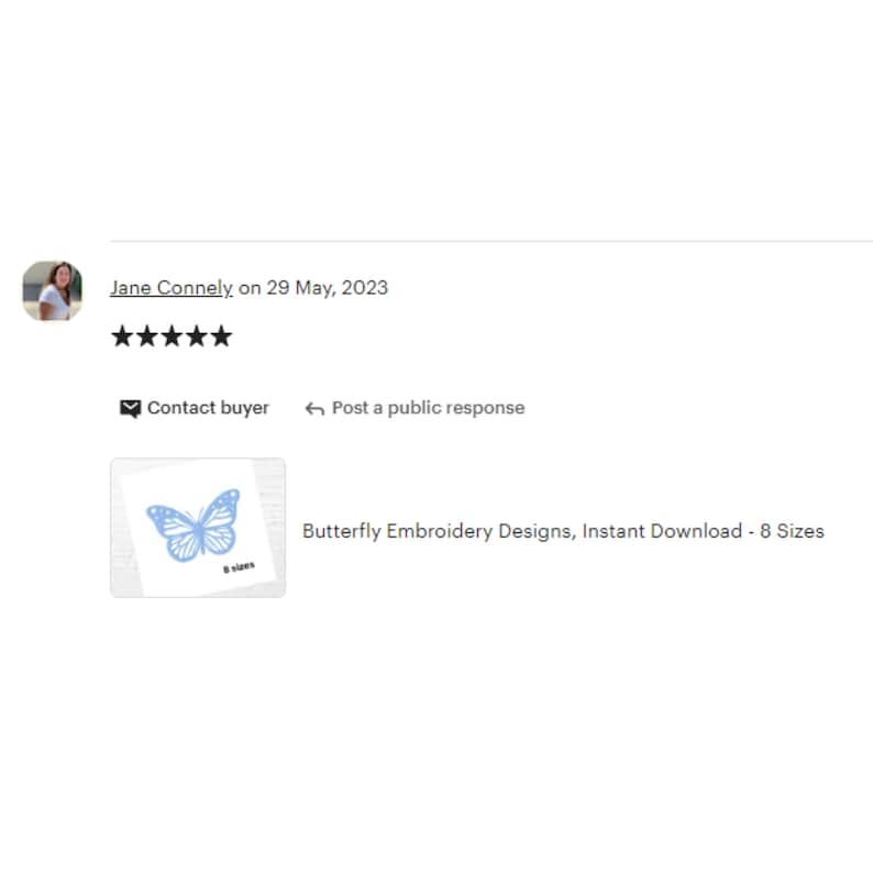 May include: A blue butterfly embroidery design with 8 sizes. The design is on a white background with the text "8 sizes" below the butterfly.